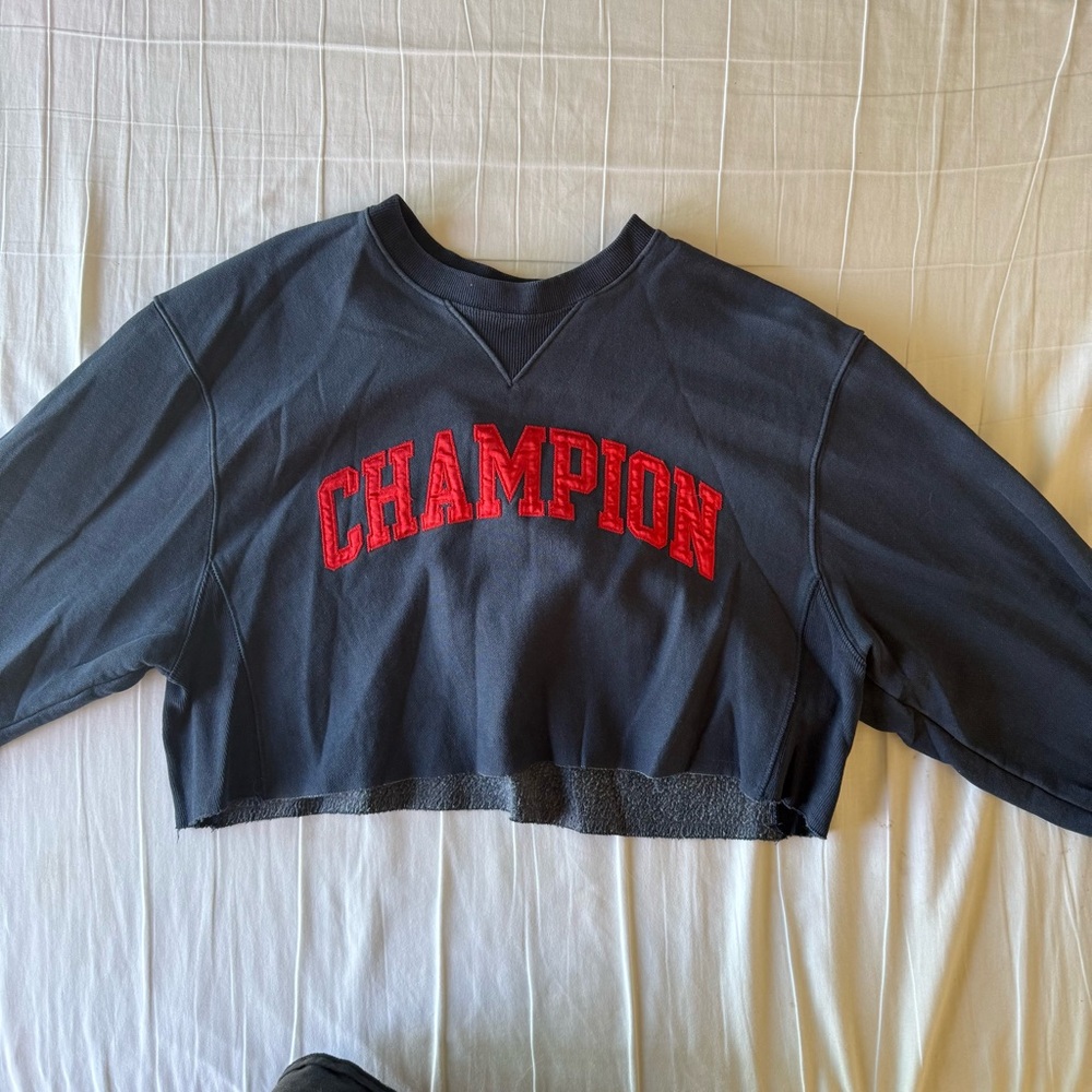 Champion Navy Cropped Sweatshirt with Red Logo